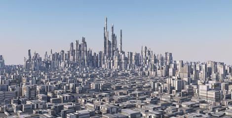 futuristic sci-fi city and commercial office building . 3d illustration rendering .