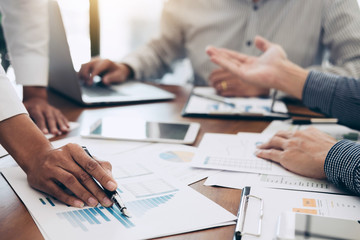 Fototapete - Business team colleagues meeting to conference professional investor working a new marketing business strategy project discussion and analysis data chart and graph, finance and accounting concept