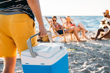 cropped shot of man holding beach cooler while friends resting on sand behind