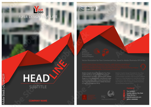 Abstract Modern Flyer Template with Red Geometric Ribbon on Dark Gray Backgro...