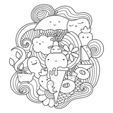 Vector Doodle Illustration With Ice Cream, Fruits And Waves. Summer Pattern For Coloring Book Or Design Print. Possibility To Easily Change Colors.