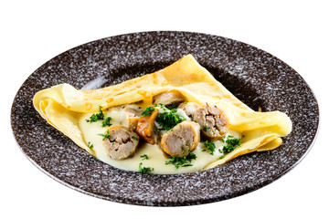 Poster - Delicious crepe with sausages isolated