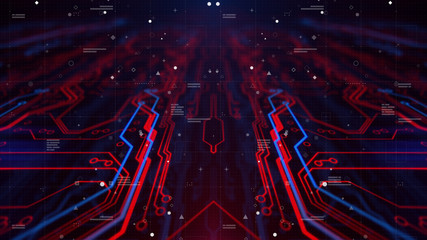 Wall Mural - HUD interface. Head up display.  Mirrored pattern. Blue, red background with digital integrated network technology. Printed circuit board. Technology background. Neon. 3D illustration. Computer infogr