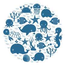 Cute Blue Cartoon Sea Animals In Circle For Baby Designs, Kids Invitations And Summer Greeting Cards