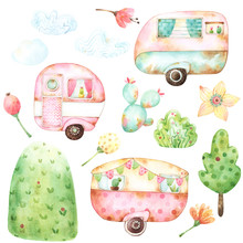 Ready To Use Children Illustration Style Set Of Watercolor Graphics Including Three Retro Caravans, Three Clouds, Aqua Cactus, Yellow Flower, Green Tree And Bush, A Hill, Two Berries And Two Buds