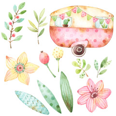 Ready to use children illustration style set of watercolor graphics including one retro caravans, three leaves, yellow flower, red flower, four green branches, two berries