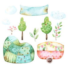 Camping Themed Set Of Watercolor Graphics Including Yellow And Red Caravan, Whimsical Hill Grounds, Two Trees, Three Branches, Three Clouds And A Text Plate Or Banner