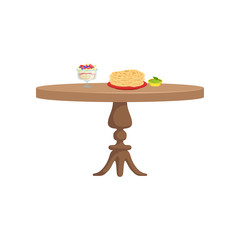 Wall Mural - Round wooden table with food for breakfast vector Illustration on a white background