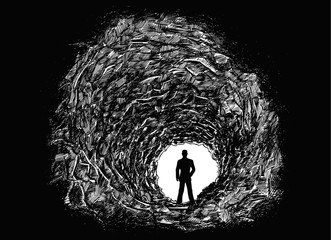 Vector artistic pen and ink drawing illustration of dark rough cave tunnel in rock.Silhouette or man or businessman standing in light at the end. Business concept.