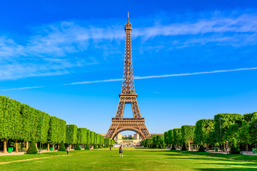 Paris Eiffel Tower and Champ de Mars in Paris, France. Eiffel Tower is one of the most iconic landmarks in Paris. The Champ de Mars is a large public park in Paris