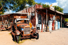 Abandoned Retro Car In Route 66 Gas Station, Arizona, Usa