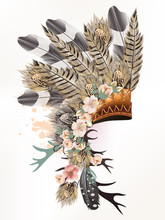Boho Illustration With Headdress From Feathers Tribal Vector. Ideal For T-shirt Prints