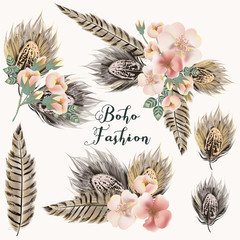 Poster - Collection of fashion boho boquets with roses and feathers for design