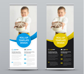 Wall Mural - template of a vector roll-up banner with colored round elements and a place for a photo.