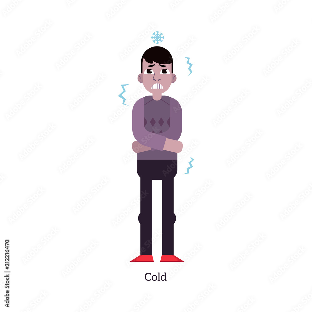 Young man having cold - symptom of infectious or viral disease isolated on  white background. Exhausted sick male cartoon character shaking and  shivering from cold in flat vector illustration. Stock Vector |, image size:1000x1000