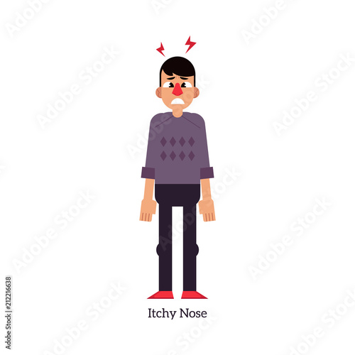 Young Man With Itchy Nose Symptom Of Rhinitis Or Allergy In Flat