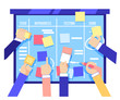 Scrum board concept with human hands sticking colorful papers and writing tasks on blue board isolated on white background. Agile methodology to manage business project in flat vector illustration.