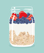 Overnight oats with fresh strawberries, blueberries and yogurt in glass vintage mason jar. Healthy natural delicious breakfast. Portion of oats with berries in a jar. Vector hand drawn illustration.
