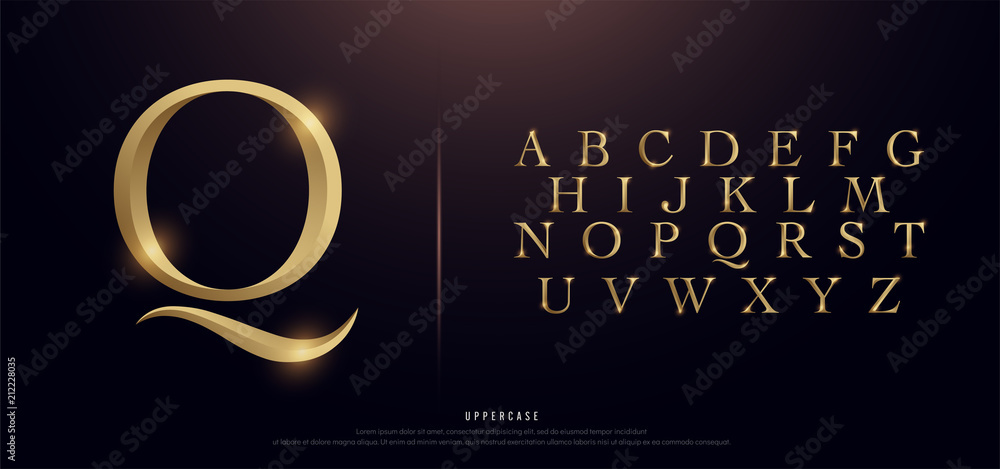 Set of Elegant Gold Colored Metal Chrome Uppercase Alphabet Font. Typography classic style golden font set for logo, Poster, Invitation. vector illustration - obrazy, fototapety, plakaty 