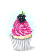 Purple Cupcake With Blackberry Decoration Isolated On White Hand-drawn Illustration