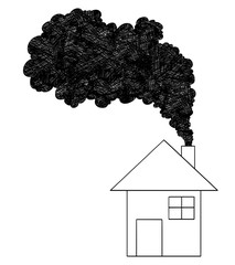 Canvas Print - Vector artistic pen and ink drawing illustration of smoke coming from house chimney into air. Environmental concept of pollution.