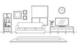 Living room interior outline sketch. Line style furniture: sofa, bookshelf, TV shelf, flowerpot, pictures on the wall, carpet. Vector illustration