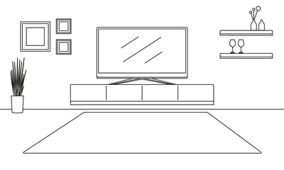 Living room interior outline sketch. Line style furniture: TV shelf, flowerpot, pictures on the wall, carpet. Vector illustration.