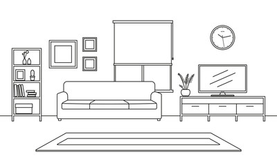 Living room interior outline sketch. Line style furniture: sofa, bookshelf, TV shelf, flowerpot, pictures on the wall, carpet. Vector illustration