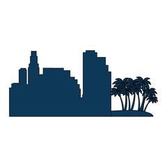 Sticker - cityscape buildings with palms silhouette scene vector illustration design