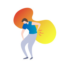 Back Pain Concept Modern Vector Illustration, Male Person Holding Back On Fluid Gradient Background