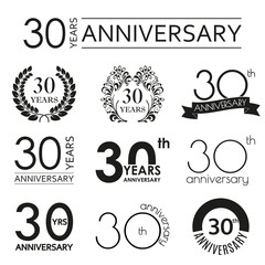 30 years anniversary icon set. 30th anniversary celebration logo. Design elements for birthday, invitation, wedding jubilee. Vector illustration.