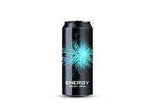 energy drink contained in metal can with electricity lightning element, teal background 3d illustration