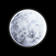 watercolor illustration. the grey moon on the black background. isolated element.