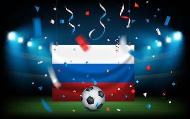 Wall Mural - Football stadium with the ball and Russian flag. Russia wins