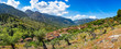 Fornalutx village with beautiful mountain landscape panorama of Sierra de Tramuntana on Majorca, Spain