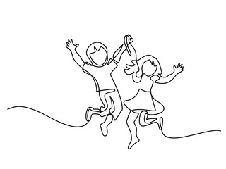 Wall Mural - Happy jumping children holding hands. Continuous line drawing. Vector illustration on white background