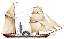 Steamboat, Steamship, Sailing Ship Sidewheel Steamer Color Realistic Vector Illustration