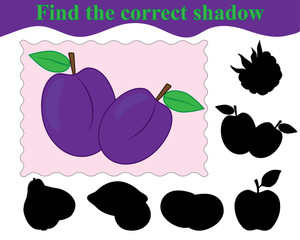 Wall Mural - Game for children. Find the correct shadow of plums. Education. Vector illustration.