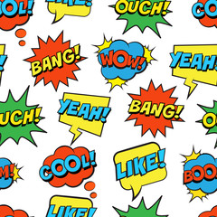 Wall Mural - seamless colorful pattern with comic speech bubbles on white background. expressions cool, yeah, boo