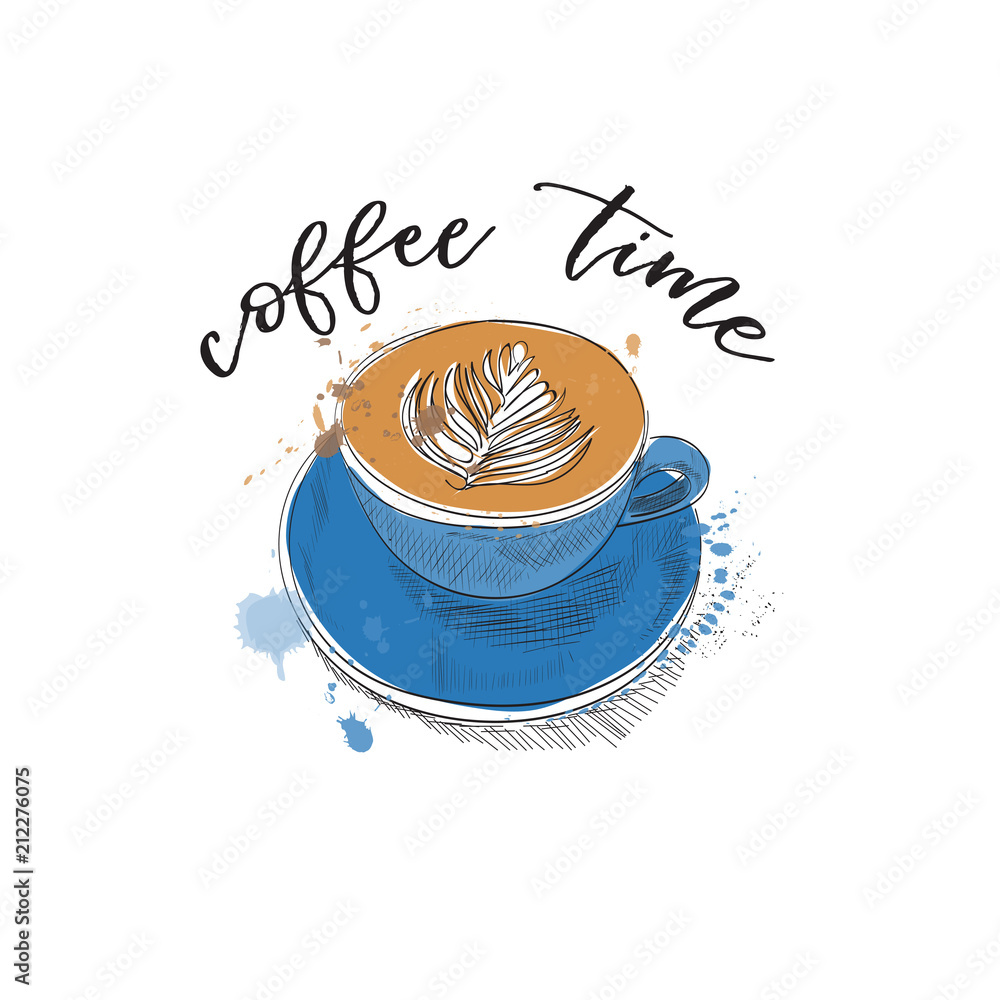 coffee cup vector hand drawn illustration. flat white latte sketch ...