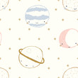 smiling hand drawn planets in blue, pink and gold seamless repeat pattern Trendy kids vector background.