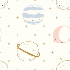 smiling hand drawn planets in blue, pink and gold seamless repeat pattern Trendy kids vector background.