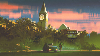 man with his truck standing in front of the old church in forest at sunset, digital art style, illustration painting