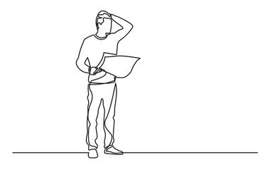 continuous line drawing of standing man with map feeling lost