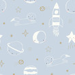 Vector seamless pattern with fox astronaut, rocket ship, planets and stars