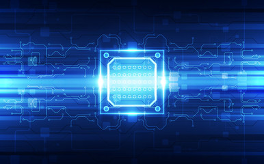 Abstract technology chip processor background circuit board and code, illustration blue technology background vector.