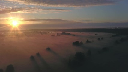 Wall Mural - beautiful aerial shot of thick layer of fog on fields during sunrise with expanse and endless skylin