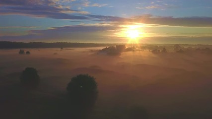 Wall Mural - beautiful aerial shot of thick layer of fog on fields during sunrise with expanse and endless skylin