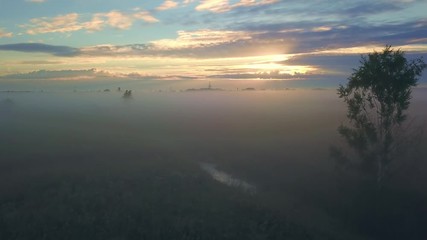 Wall Mural - beautiful aerial shot of thick layer of fog on fields during sunrise with expanse and endless skylin