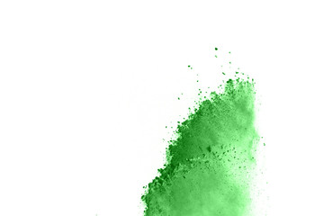 Wall Mural - Green powder explosion on white background. colored cloud on isolate background. Green dust explode. Paint Holi.